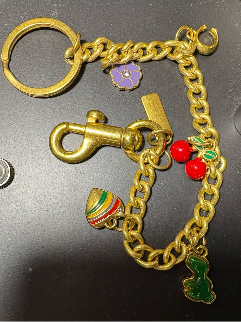 Gold-Tone Charm Keychain with Red Cherry and Enamel Accents
